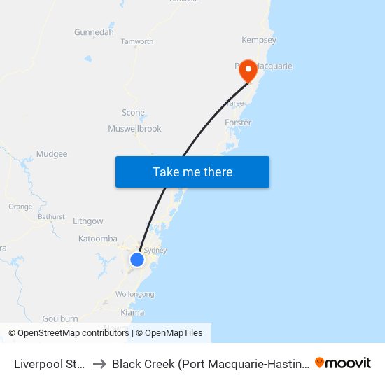 Liverpool Station to Black Creek (Port Macquarie-Hastings - NSW) map