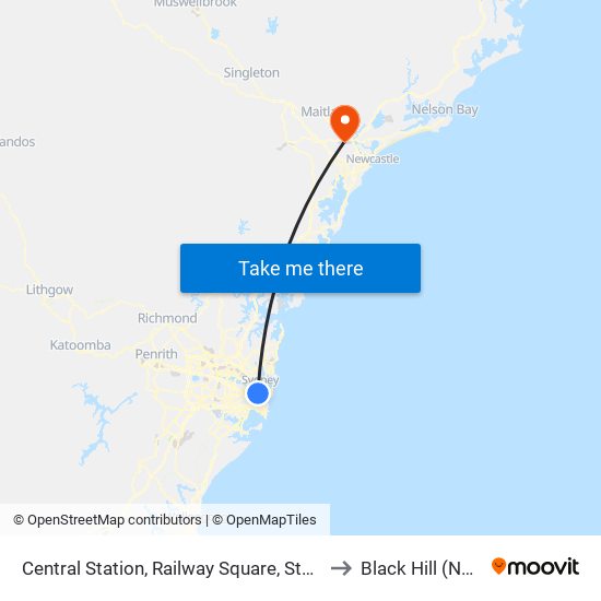 Central Station, Railway Square, Stand M to Black Hill (NSW) map