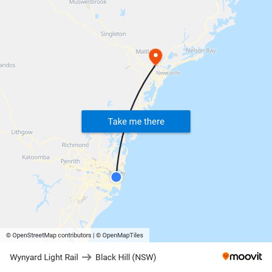 Wynyard Light Rail to Black Hill (NSW) map