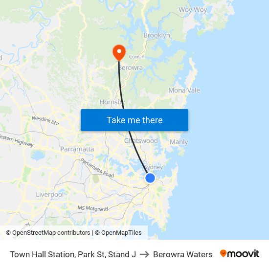 Town Hall Station, Park St, Stand J to Berowra Waters map