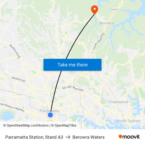 Parramatta Station, Stand A3 to Berowra Waters map