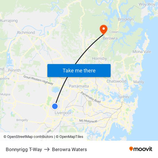 Bonnyrigg T-Way to Berowra Waters map