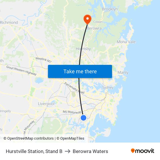 Hurstville Station, Stand B to Berowra Waters map