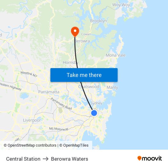 Central Station to Berowra Waters map