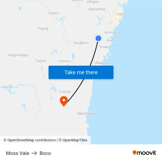 Moss Vale to Boco map