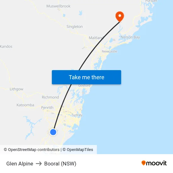Glen Alpine to Booral (NSW) map