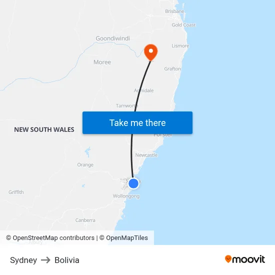 Sydney to Bolivia map