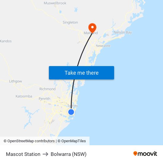 Mascot Station to Bolwarra (NSW) map