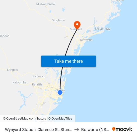 Wynyard Station, Clarence St, Stand T to Bolwarra (NSW) map