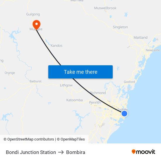 Bondi Junction Station to Bombira map