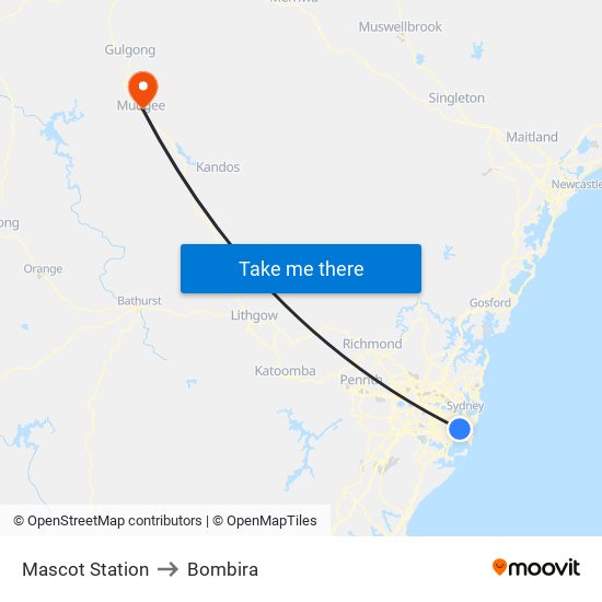 Mascot Station to Bombira map