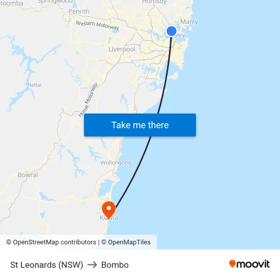 St Leonards (NSW) to Bombo map