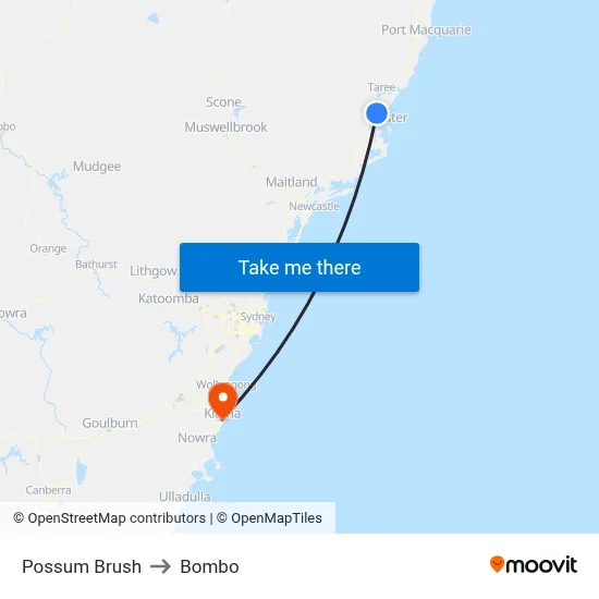 Possum Brush to Bombo map