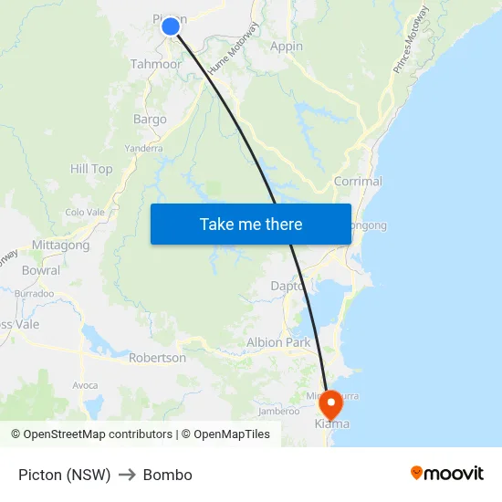 Picton (NSW) to Bombo map