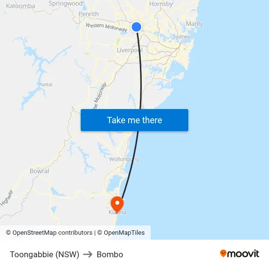 Toongabbie (NSW) to Bombo map