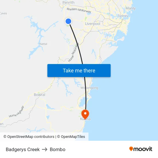 Badgerys Creek to Bombo map