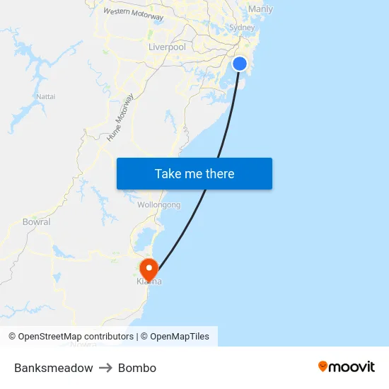 Banksmeadow to Bombo map