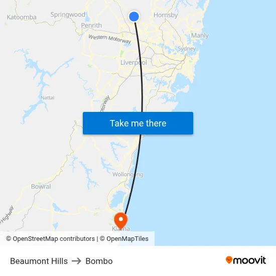 Beaumont Hills to Bombo map