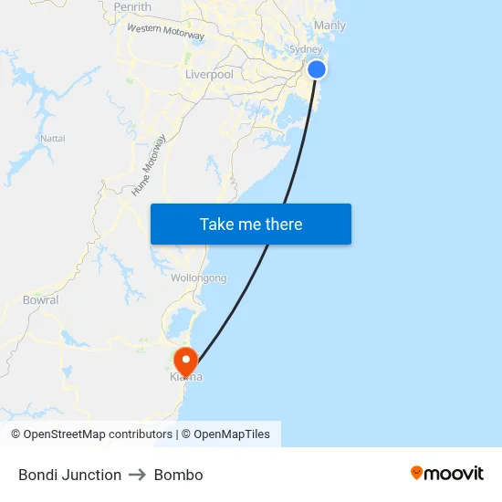 Bondi Junction to Bombo map