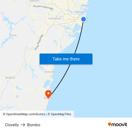Clovelly to Bombo map