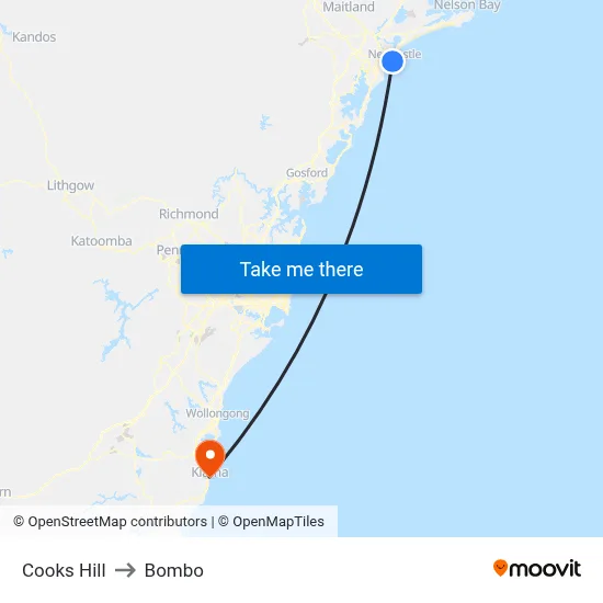 Cooks Hill to Bombo map