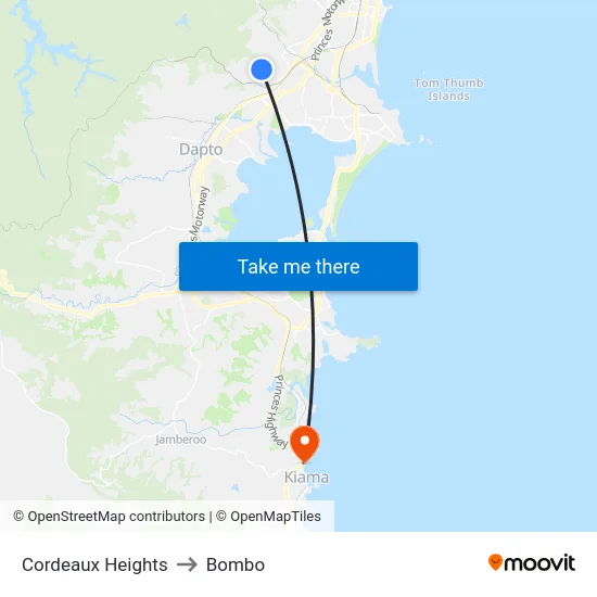 Cordeaux Heights to Bombo map
