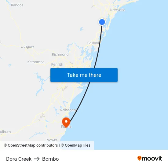 Dora Creek to Bombo map