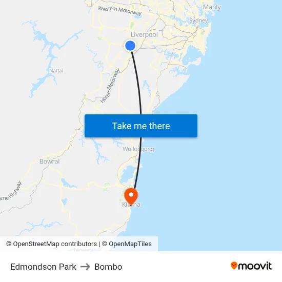 Edmondson Park to Bombo map