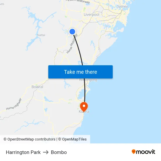 Harrington Park to Bombo map