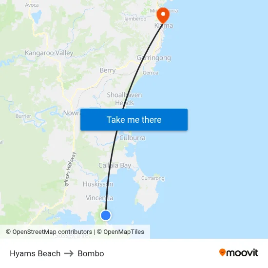 Hyams Beach to Bombo map