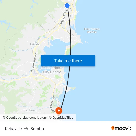 Keiraville to Bombo map