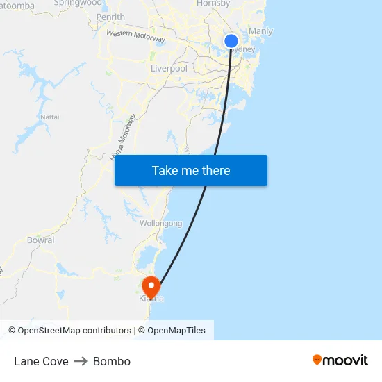 Lane Cove to Bombo map