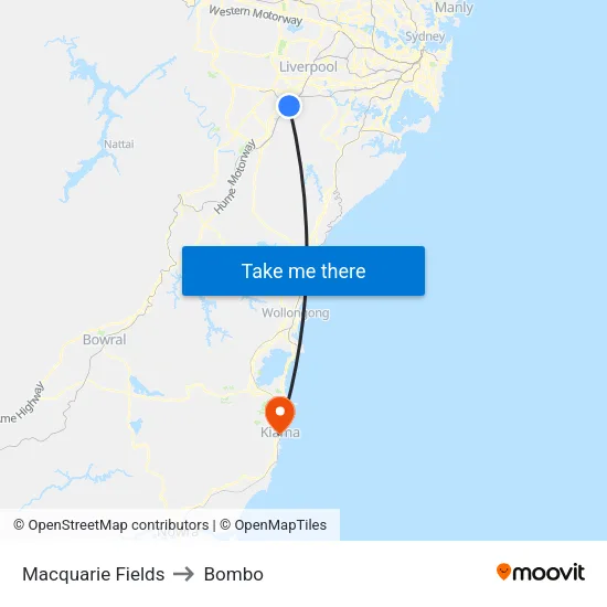 Macquarie Fields to Bombo map