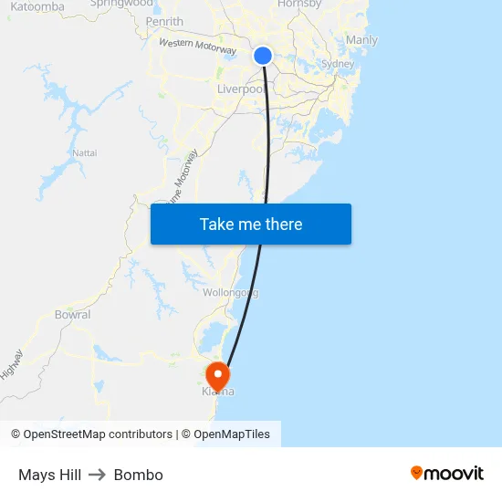 Mays Hill to Bombo map