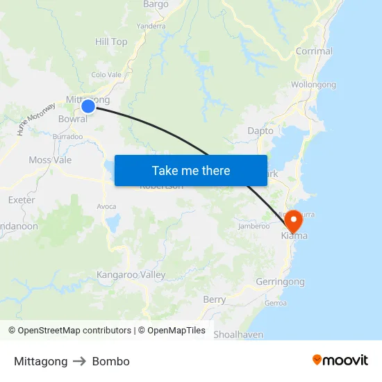 Mittagong to Bombo map