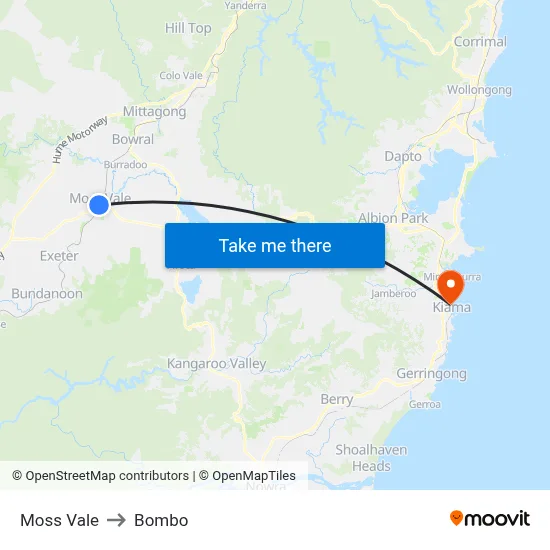 Moss Vale to Bombo map