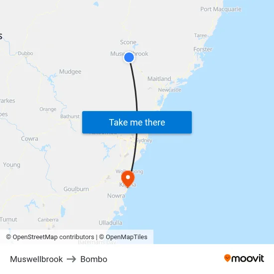 Muswellbrook to Bombo map