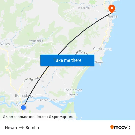Nowra to Bombo map