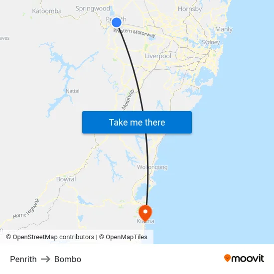 Penrith to Bombo map