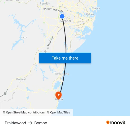 Prairiewood to Bombo map