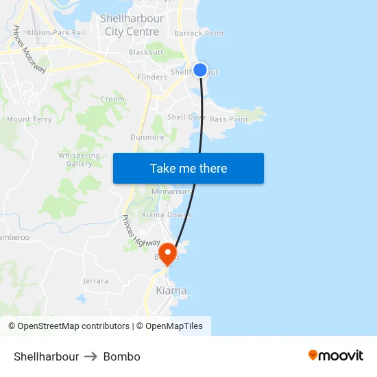 Shellharbour to Bombo map