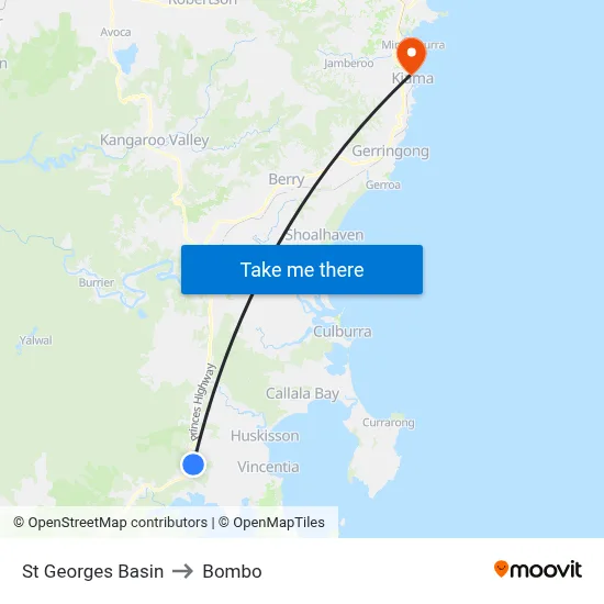 St Georges Basin to Bombo map