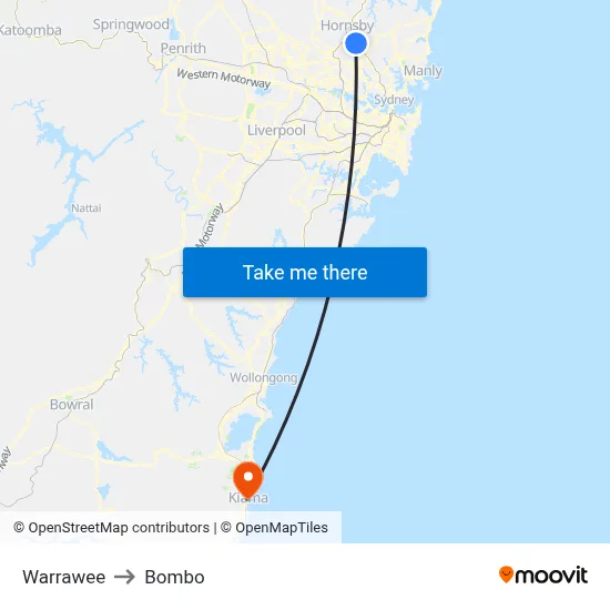 Warrawee to Bombo map