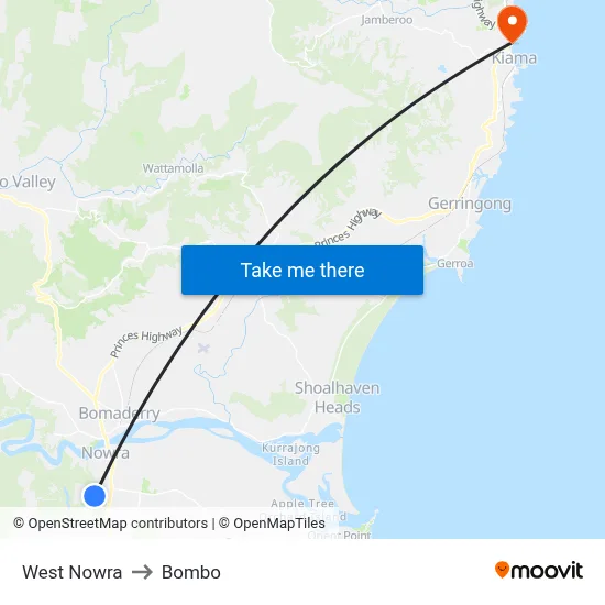 West Nowra to Bombo map