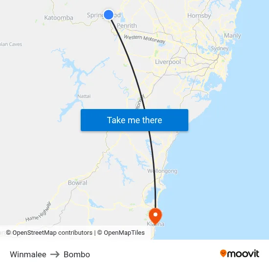 Winmalee to Bombo map