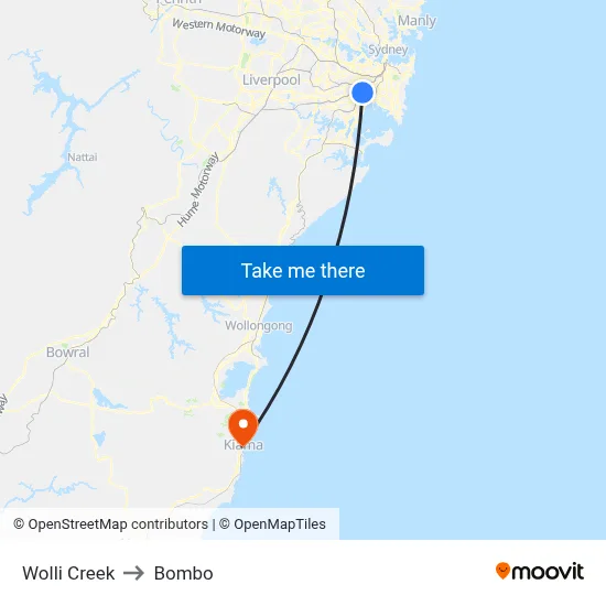 Wolli Creek to Bombo map