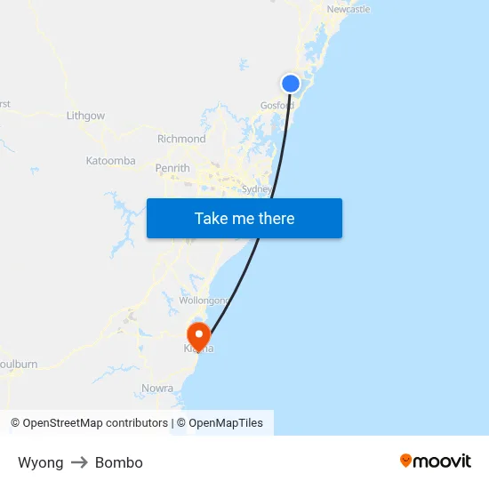 Wyong to Bombo map
