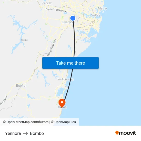 Yennora to Bombo map