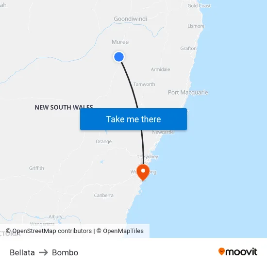 Bellata to Bombo map
