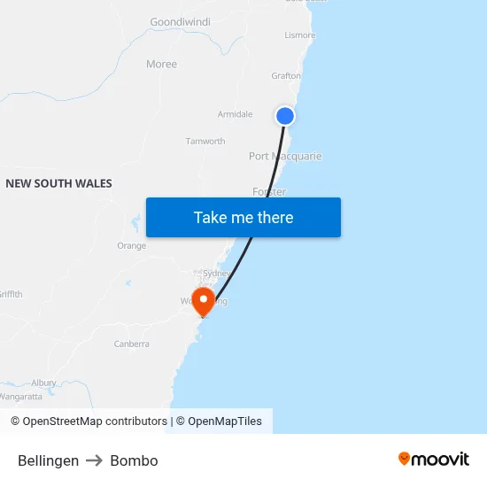 Bellingen to Bombo map